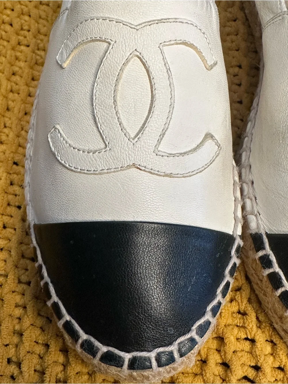 CHANEL Cream and Black Leather Espadrille Slip-Ons